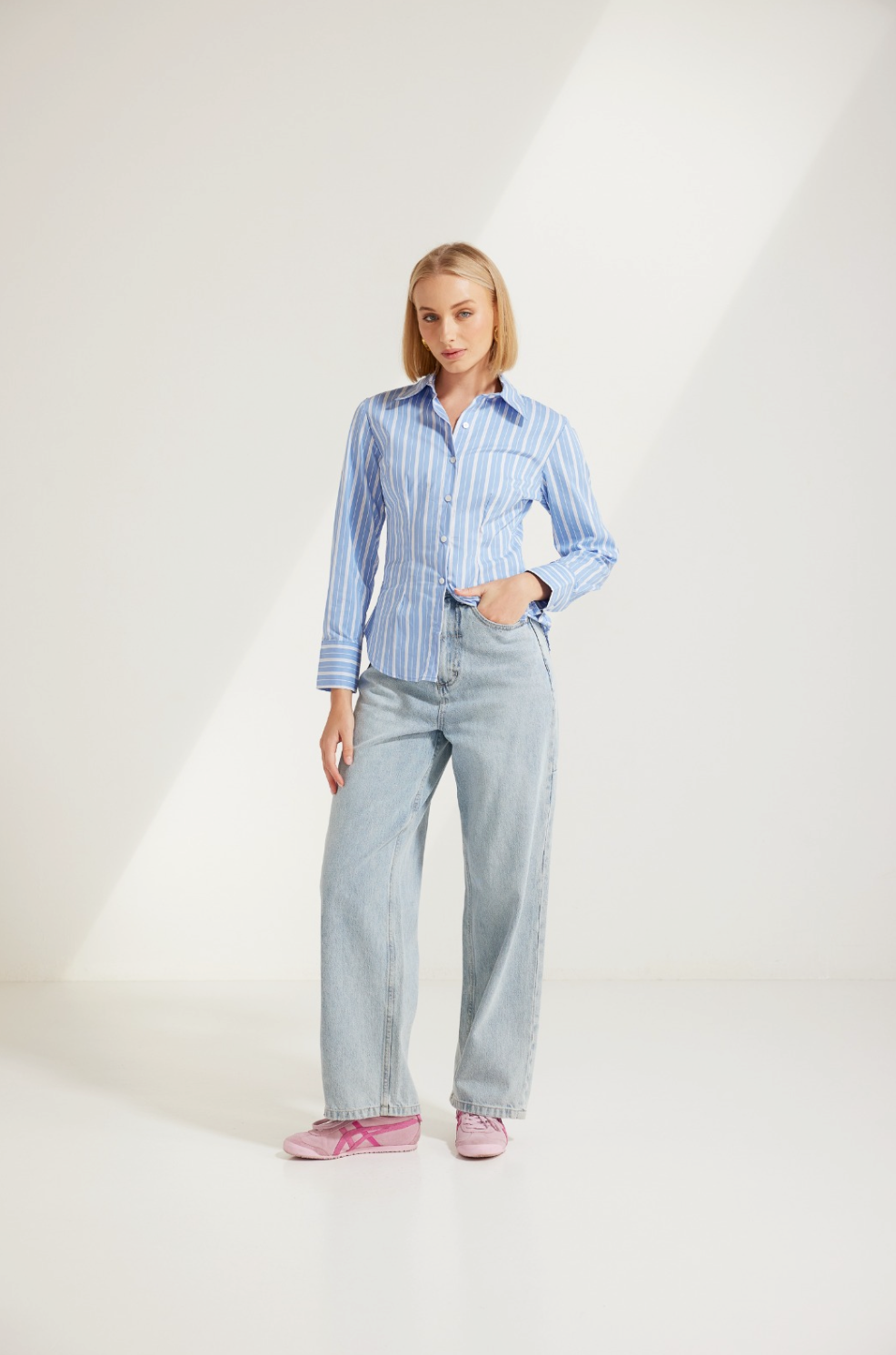 Blue Striped Shirt with Light Denim Pants Outfit