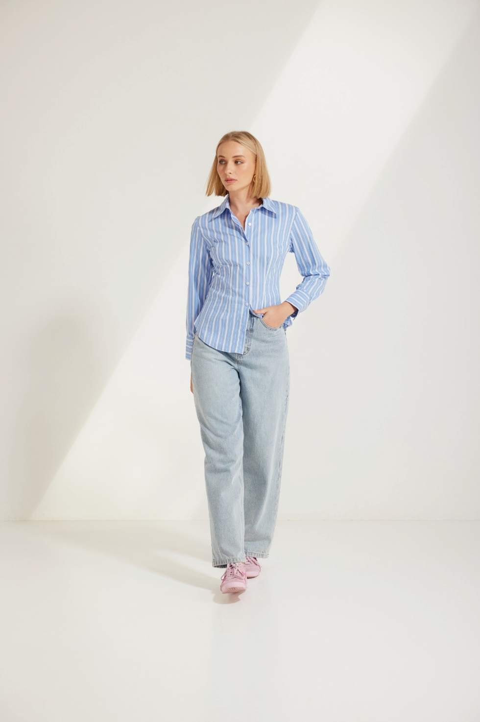 Blue Striped Shirt with Light Denim Pants Outfit