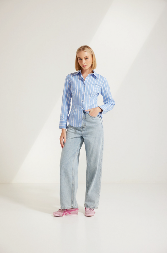 Blue Striped Shirt with Light Denim Pants Outfit