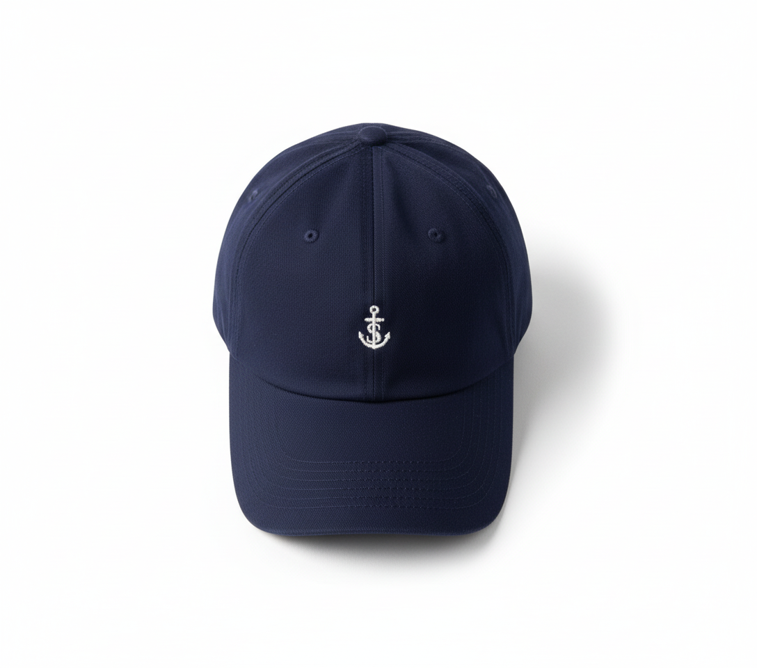 Navy cap flat lay with white anchor embroidery