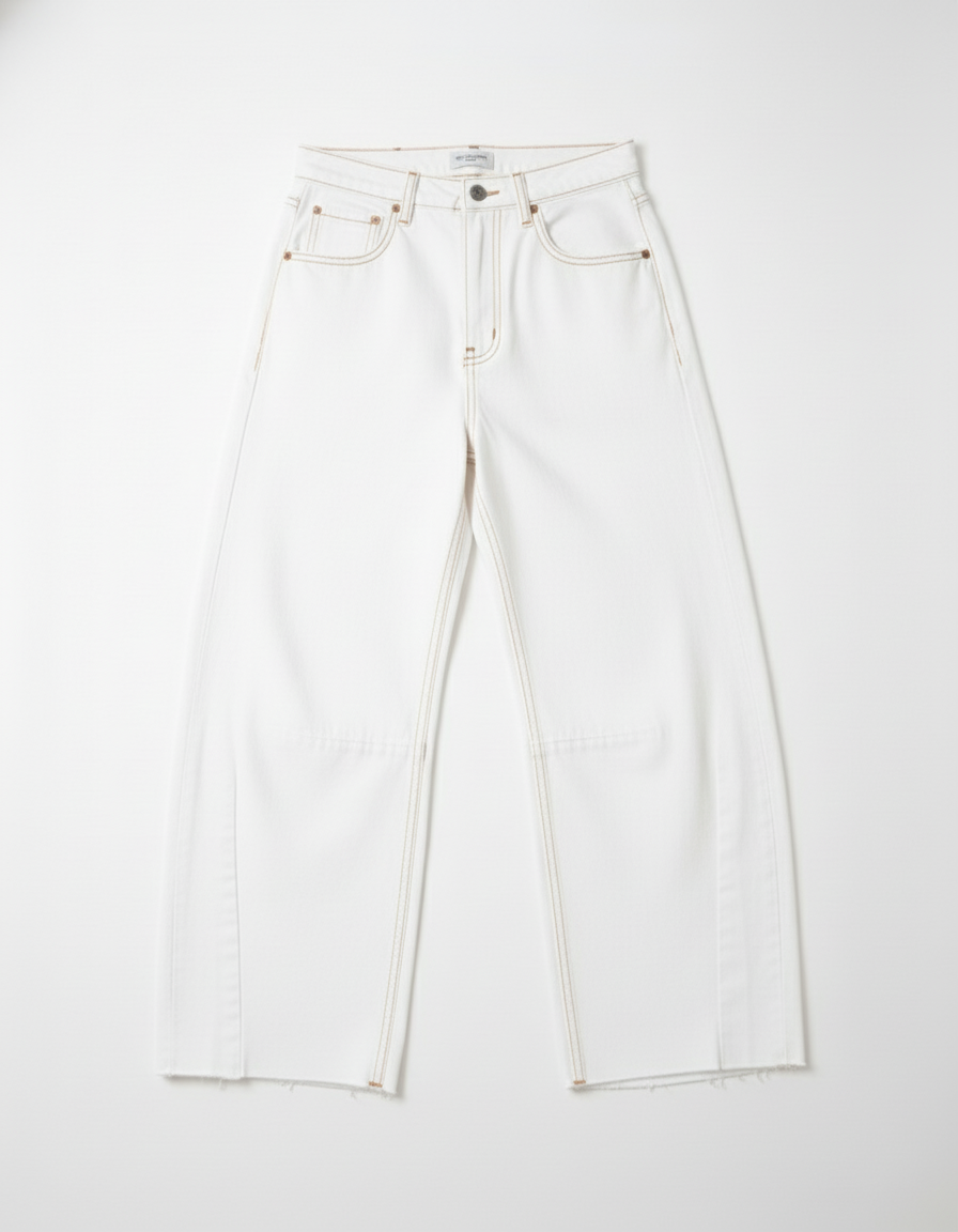 White barrel jeans with tan contrast stitching